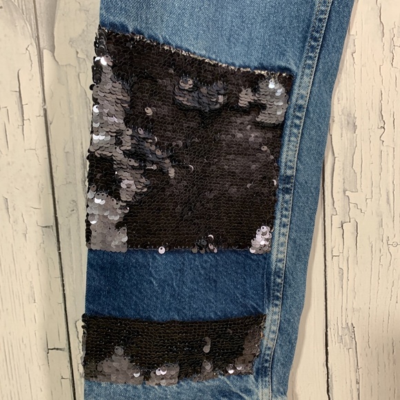 Zara Blue Medium Wash Sequins Bottom Straight Cropped Jeans Sz 8 EUC - Picture 6 of 14